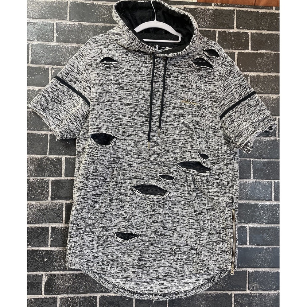 ROCKSMITH Men`s Ripped Hoodie Medium Distressed Mesh Gold Side Zippers